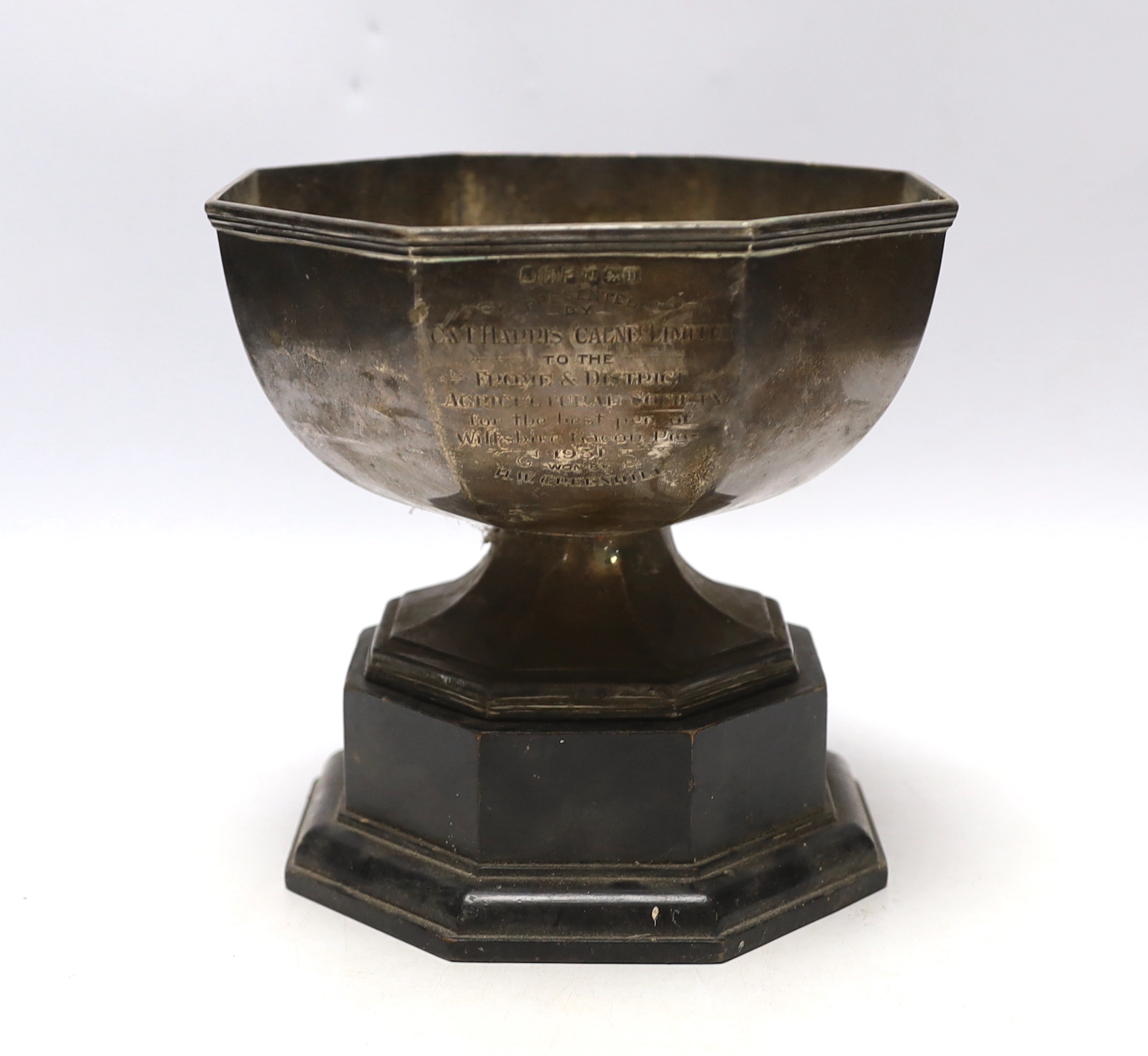 A George V silver octagonal presentation trophy bowl, John Henry Potter, Sheffield, 1930, diameter 18.2cm, 17oz, on an ebonised plinth base.